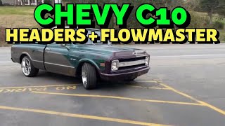 1970 Chevy C10 TRUE DUAL EXHAUST w LONG TUBE HEADERS amp FLOWMASTER SUPER 10 RACE MUFFLERS [upl. by Sayer]