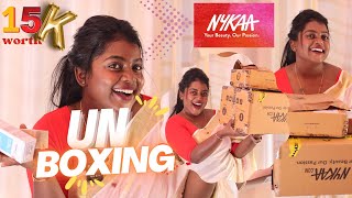 പെട്ടി പൊട്ടിക്കൽ മഹാമഹം 💥  Keerthana Ravindran  ₹ 15000 Nykaa unboxing video  Makeup Dusky skin [upl. by Amandi]