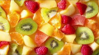 abstract fresh background pieces slices of different fruits top view [upl. by Ahsilra]