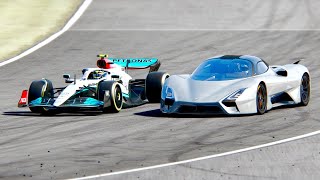 Mercedes F1 2022 W13 vs SSC Tuatara at Donigton Park GP [upl. by Eiramadnil]