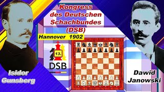 Isidor Gunsberg Vs Dawid Janowski 🏆 13 DSB Kongress 1902 Hannover 🏆 C77 Spanische Partie  338 [upl. by Lai]