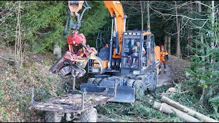 Bagger mit Prozessor beim Holz 🇨🇭🪓🌲 an der Seilbahn mit Forstunternehmen Bernet amp Mathys Teil 3 [upl. by Kohsa]