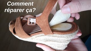 Comment recoller une semelle de chaussure haute de femme sandale compensée réparer tuto aide colle [upl. by Alusru]