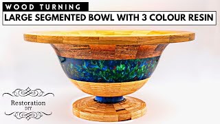 Woodturning  Large Segmented Bowl with 3 Colour Epoxy Resin  Restoration DIY [upl. by Noteek645]