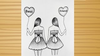 BFF Drawing  How to draw Best friend forever backside girl  Friendship Day Drawing step by step [upl. by Legyn163]