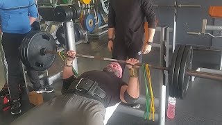 Benching 3 plates against mini bands second time since end of 21 [upl. by Erodeht125]