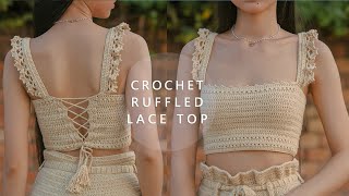 Crochet Ruffled Lace Top Tutorial  Chenda DIY [upl. by Silvestro]