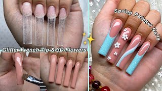 SPRING POLYGEL NAILS🌸 GLITTER FRNECH TIP amp 3D FLOWERS  Nail Tutorial [upl. by Eicaj]