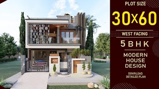 30x60 West Facing House Design 3D  Modern Elevation  Terrace Garden  Interior Design [upl. by Edals]