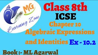 Class 8th ICSE Math  Ch  10 Algebraic Expressions and Identities  Ex 102 [upl. by Beitch]