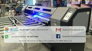 plotter cama plana hibrida impresion led uv con cabezal blanco y cmyk [upl. by Anirrak689]