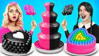 Wednesday Addams vs Barbie Only Pink vs Black Color Food Challenge by YUMMY JELLY [upl. by Raddy]