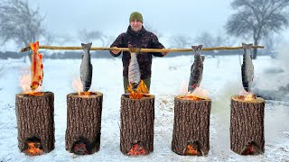 Caught And Cooked Trout Inside Logs Life In The Distant Snowy Mountains [upl. by Wait377]