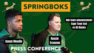 SPRINGBOKS Team announcement  Rassie Erasmus amp Canan Moodie ahead of Cape Town test vs All Blacks [upl. by Donatelli]