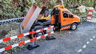 Construction little freight depot RC compact loader CAT 297D Mercedes Sprinter Bruder 116 Scale [upl. by Ellenig]