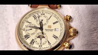 Steinhausen Marquise Automatic Day Date Month Watch Gold Tone Brown Leather Strap Roman Numerals Men [upl. by Ffirahs243]