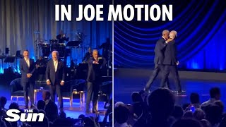 Embarrassing moment Joe Biden appears to FREEZE again before Barack Obama pulls him offstage [upl. by Enitsirk867]