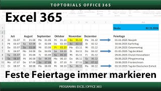 Feste Feiertage im Kalender jedes Jahr farbig markieren  Excel 365 Tutorial [upl. by Hescock]