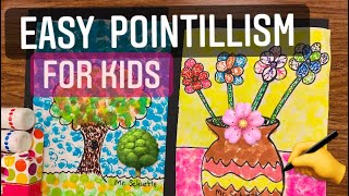 EASY Dot Art for Kids  Drawing Trees amp Flowers w Pointillism Paint Project mrschuettesart [upl. by Llerdnam519]