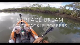 Bundaberg Bream Surface Fishing Scizz Tackle Poppers on Dragon Kayak [upl. by Yekcor]