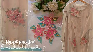 💖Hand painted emballished Dupatta✨ designer dupatta design💖 bluebirdarts [upl. by Nebeur]