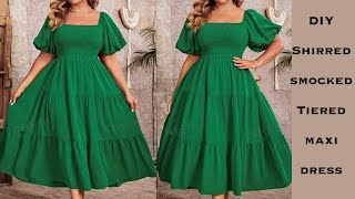 EASY SHIRREDSMOCKED TIERED MAXI DRESS How To Make An Off shoulder Tiered Smocked Dress [upl. by Latsyc138]