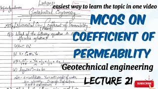 mcqs on coefficient of permeability soil mechanics  lecture 21 [upl. by Hussar]