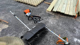 STIHL KM 131R KOMBI bristle broom and string trimmer attachments and poly cut head and blades [upl. by Aikemet]