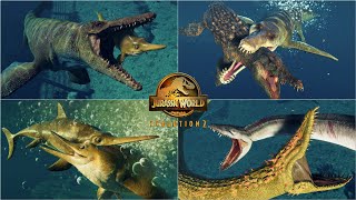 ALL MARINE REPTILES UNIQUE HUNTING ANIMATION IN JURASSIC WORLD EVOLUTION 2 [upl. by Gowon832]