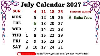 July Calendar 2027 julycalender2027 [upl. by Sharl]