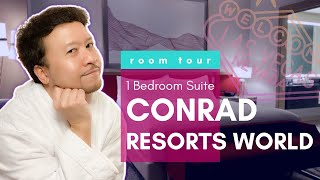 Room Tour Conrad Resorts World Las Vegas 1 Bedroom Suite Strip View  New Hilton Brand Vegas Hotel [upl. by Urial]