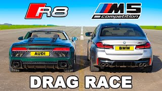 625hp BMW M5 v 620hp Audi R8 V10 DRAG RACE [upl. by Ocana]