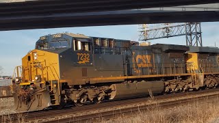 TRAINS CN 327 Mixed Freight With Smokey CSX Engines at Dorval Ramps [upl. by Anauj125]