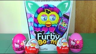 Furby Boom Hello Kitty Surprise Eggs Kinder Joy Surprise Eggs Furby Boom Eats Kinder Surprise Egg [upl. by Yuma]