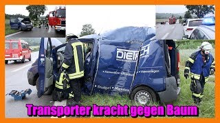 Kurzbericht  B29 TRANSPORTER KRACHT GEGEN BAUM  Mit Feuerwehr Winterbach vor Ort  E [upl. by Rezzani523]