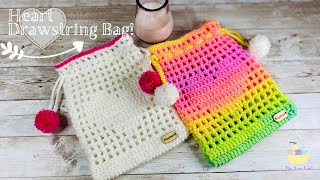 Heart Drawstring Bag  Fillet Crochet Pouch  Easy Crochet Tutorial [upl. by Herodias634]