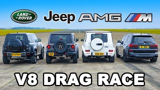 Defender V8 v Jeep 392 v AMG G63 v X7 M50 DRAG RACE [upl. by Ntsuj]