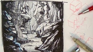 Pen and Ink Drawing Tutorials  How to draw a Valley Gorge landscape scenery [upl. by Yarvis]