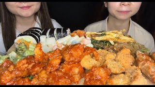 ASMR FRIED CHICKEN SPICY SAUCE CHICKEN KIMBAP NOODLES SALAD AND DUMPLINGS MUKBANG EATING SOUND [upl. by Soren]