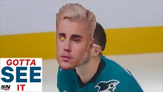 GOTTA SEE IT Tomas Hertl Dons Justin Bieber Mask During Save Streak Attempt Vs Jordan Binnington [upl. by Hieronymus]