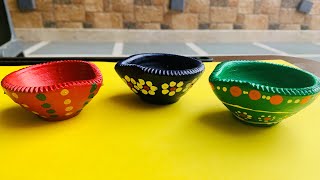 Easy Diya Painting at Home  3 Different Ways to Decorate Plain Diya at Home [upl. by Tristam383]