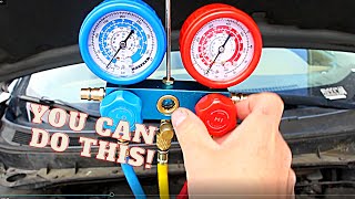 How to Recharge a Cars AC System Using a Manifold Gauge Set amp Vacuum Pump  Air Conditioning [upl. by Nnahteb145]