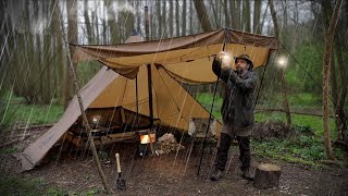 Heavy Rain Solo Overnight Hot Tent Camp [upl. by Yennek]