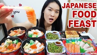 JAPANESE FOOD FEAST Salmon Sashimi Rice Chirashi Don Cold Ramen Noodles  Mukbang Eating Show [upl. by Atirehgram]