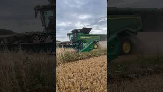 Monster X91100 amp 45ft Draper header cutting barley johndeere combineharvester harvest [upl. by Annavoj]