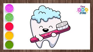 How to Draw Cute Tooth with Tooth Brush  Cute Tooth Drawing and Colouring [upl. by Rudd]