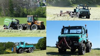 Siloballen pressen  wickeln  abfahren mit MB Unimog U1400 U1600 U406 und Doppstadt Trac 150 [upl. by Imoen]