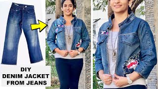 DIY Full Sleeve Denim Jacket from Old Jeans  Coolest Girls Jacket from Jeans  stayathome DIY [upl. by Tremml]