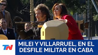 En medio del desfile militar Milei se subió a un tanque de guerra junto a Victoria Villarruel [upl. by Namyac968]