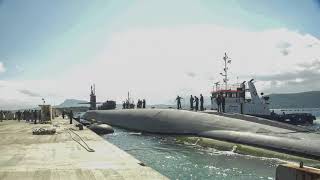 USS Florida SSGN 728 mooring pierside at Souda Bay Greece [upl. by Acirretal567]